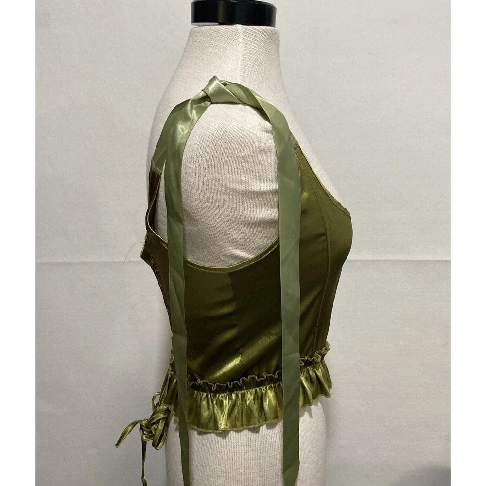 Ribbon Corset Top Medium Whimsical Satiny Chartreuse Lace Up Back Fairy - Picture 2 of 8